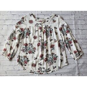 St. John’s Bay Women’s Blouse PM White Floral Long Sleeve 100% Rayon Boho Style